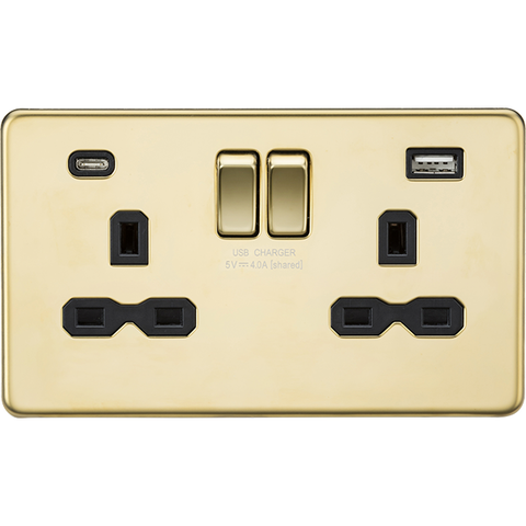 Knightsbridge Screwless 13A 2 Gang Switched Socket Dual USB A+C Polished Brass with Black Insert