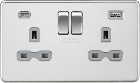 Knightsbridge Screwless 13A 2 Gang Switched Socket Dual USB A+C Polished Chrome with Grey Insert