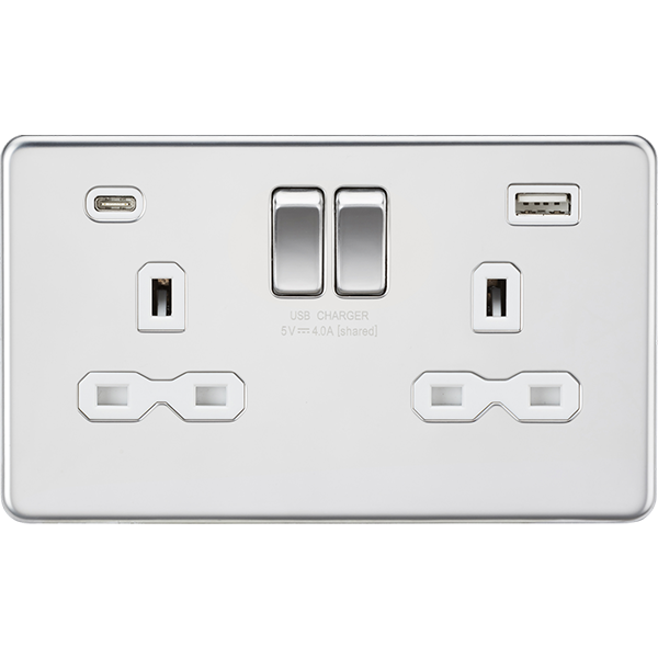 Knightsbridge Screwless 13A 2 Gang Switched Socket Dual USB A+C Polished Chrome with White Insert