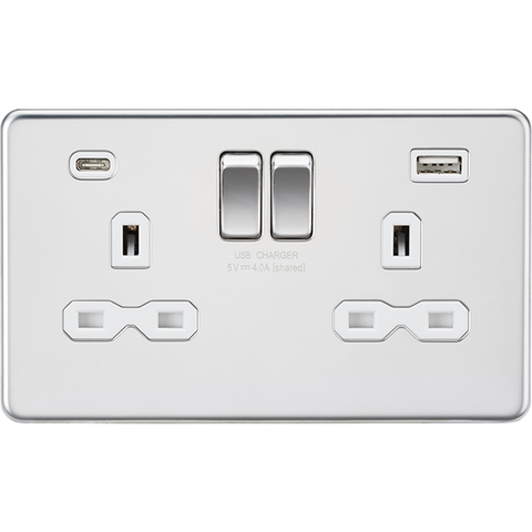 Knightsbridge Screwless 13A 2 Gang Switched Socket Dual USB A+C Polished Chrome with White Insert