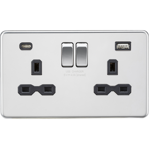 Knightsbridge Screwless 13A 2 Gang Switched Socket Dual USB A+C Polished Chrome with Black Insert