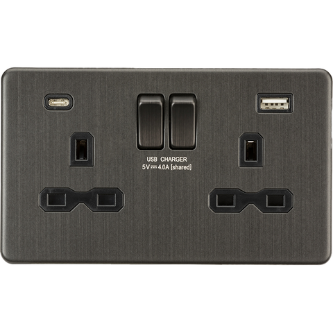 Knightsbridge Screwless 13A 2 Gang Switched Socket Dual USB A+C Smoked Bronze with Black Insert