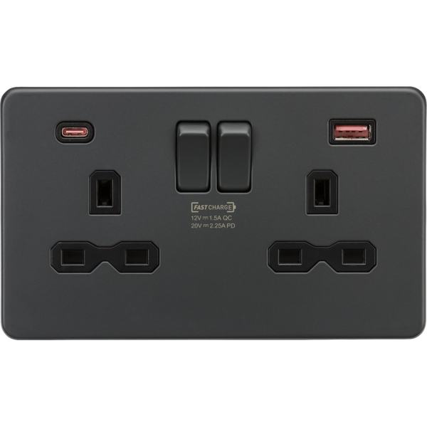 Knightsbridge Screwless 13A 2 Gang Switched Socket Dual USB A+C 45W Anthracite