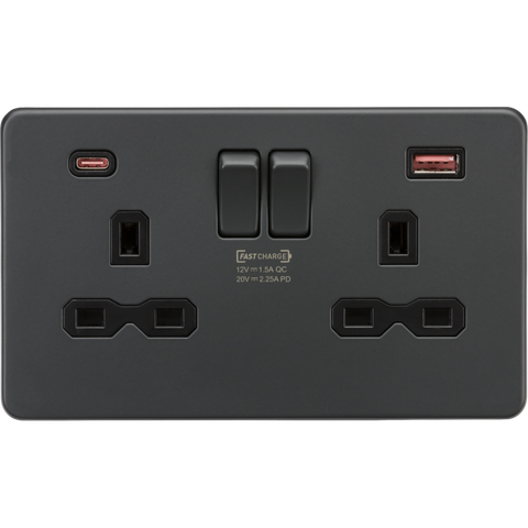 Knightsbridge Screwless 13A 2 Gang Switched Socket Dual USB A+C 45W Anthracite