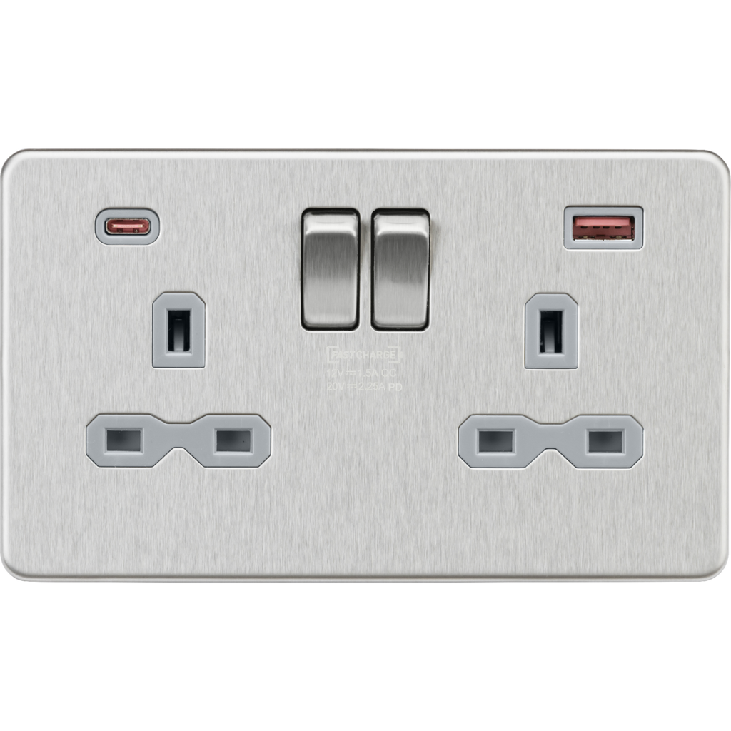BG White Double Switched Socket With USB Charging - 2-Gang, 13A, Type A & C Ports
