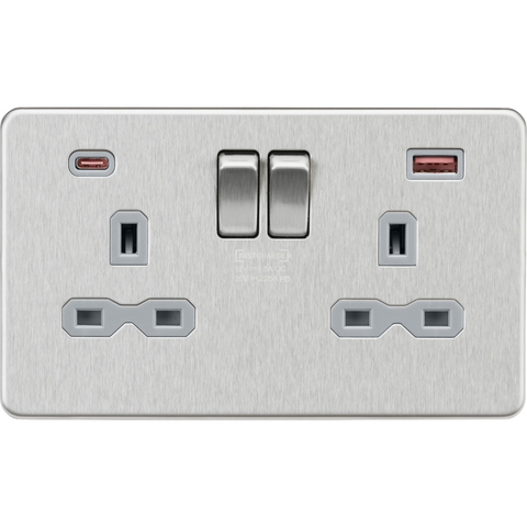 Knightsbridge Screwless 13A 2 Gang Switched Socket Dual USB A+C 45W Brushed Chrome Grey Insert