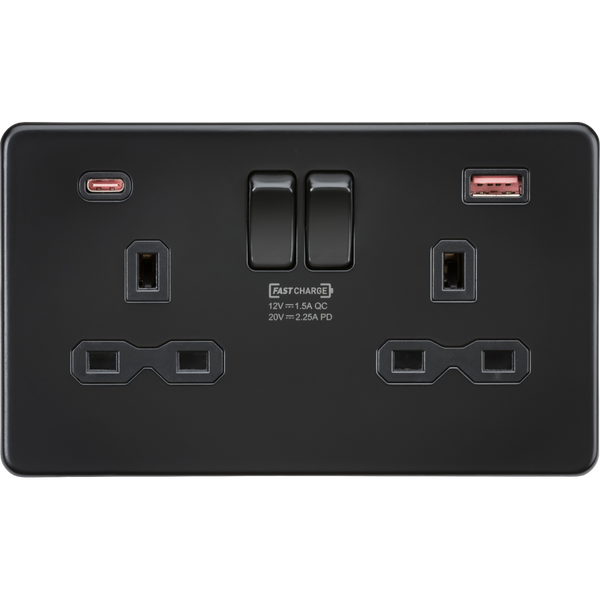 Knightsbridge Screwless 13A 2 Gang Switched Socket Dual USB A+C 45W Matt Black