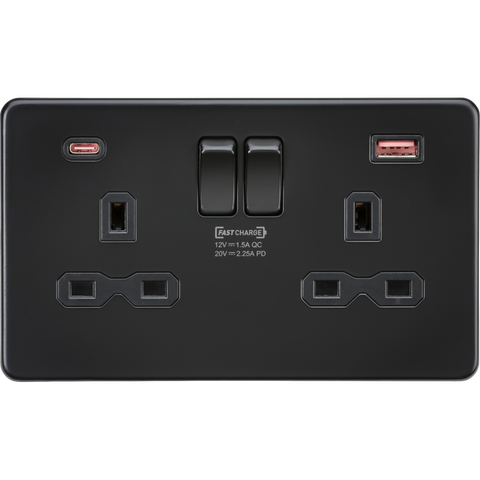 Knightsbridge Screwless 13A 2 Gang Switched Socket Dual USB A+C 45W Matt Black