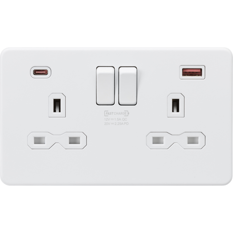 Knightsbridge Screwless 13A 2 Gang Switched Socket Dual USB A+C 45W Matt White