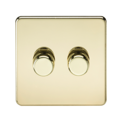 Knightsbridge Screwless 10A 2 Gang 2 Way LED Dimmer Polished Brass