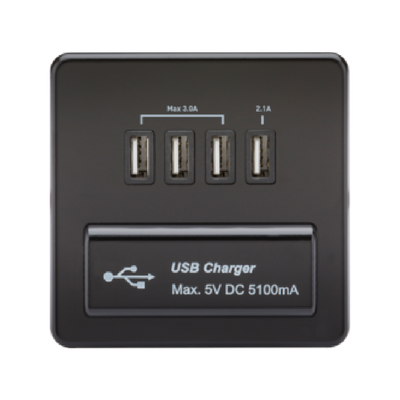 Knightsbridge Screwless 5V 5.1A Quad USB Charging Outlet - Matt Black