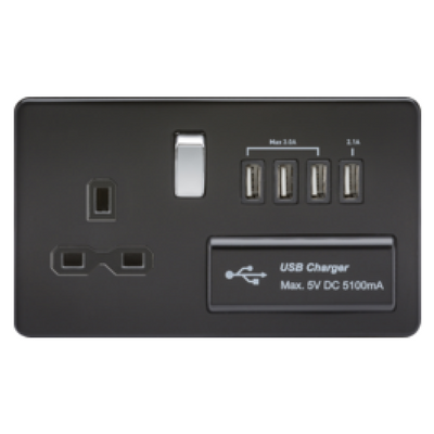 Knightsbridge Screwless 13A 1 Gang Switched Socket With Quad USB Outlet - Matt Black