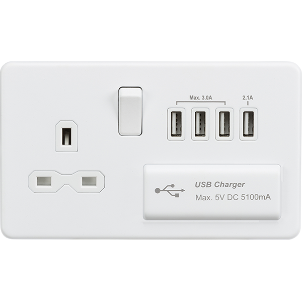 Knightsbridge Screwless 13A 1 Gang Switched Socket Quad USB A Matt White