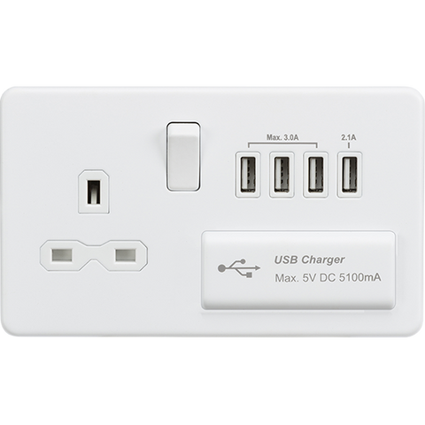 Knightsbridge Screwless 13A 1 Gang Switched Socket Quad USB A Matt White