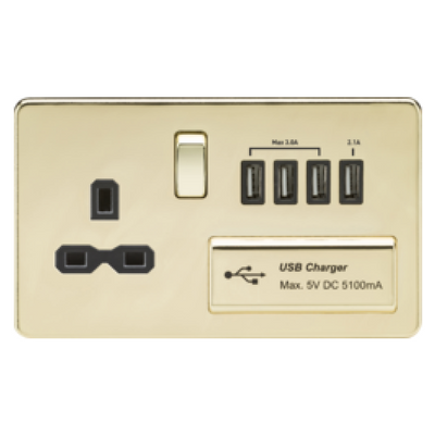 Knightsbridge Screwless 13A 1 Gang Switched Socket With Quad USB Outlet - Polished Brass