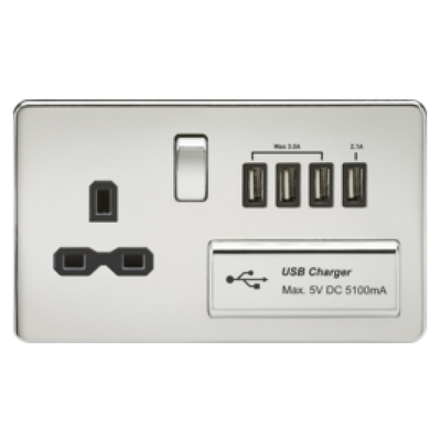 Knightsbridge Screwless 13A 1 Gang Switched Socket With Quad USB Outlet - Polished Chrome