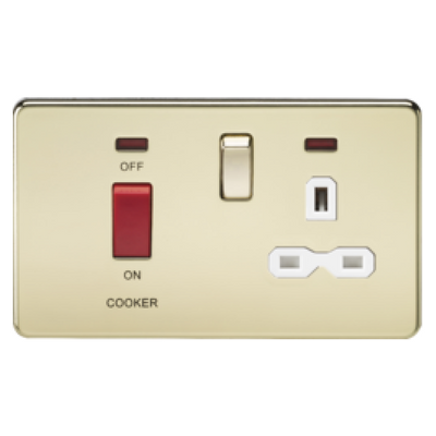 Knightsbridge Screwless 45A Cooker Switch With 13A Switched Socket - Polished Brass