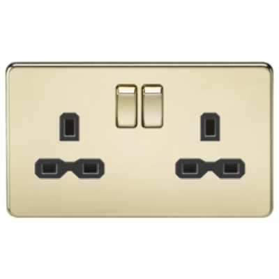 Knightsbridge Screwless 13A 2 Gang Switched Socket Polished Brass Black Insert