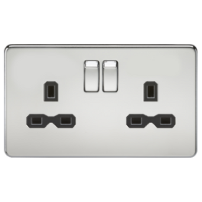 Knightsbridge Screwless 13A 2 Gang Switched Socket Polished Chrome Black Insert