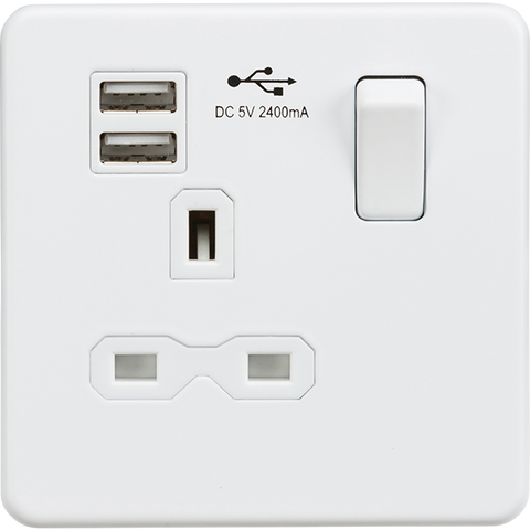 Knightsbridge Screwless 13A 1 Gang Switched Socket Dual USB Matt White