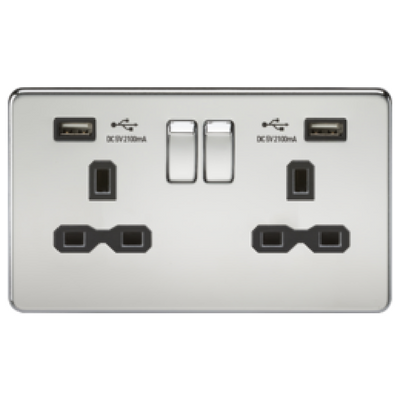 Knightsbridge Screwless 13A 2 Gang 2 USB Port Switched Socket Polished Chrome Black Insert