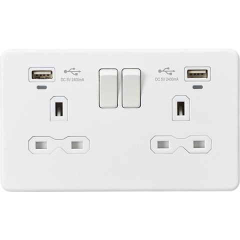 Knightsbridge Screwless 13A 2 Gang Switched Socket Dual USB With Indicators Matt White