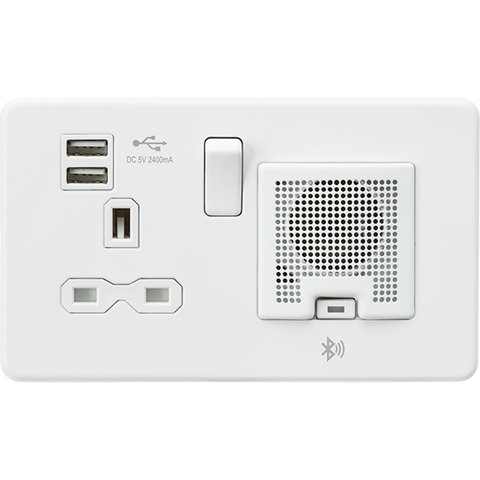 Knightsbridge Screwless 13A 1 Gang Switched Speaker Socket USB Matt White