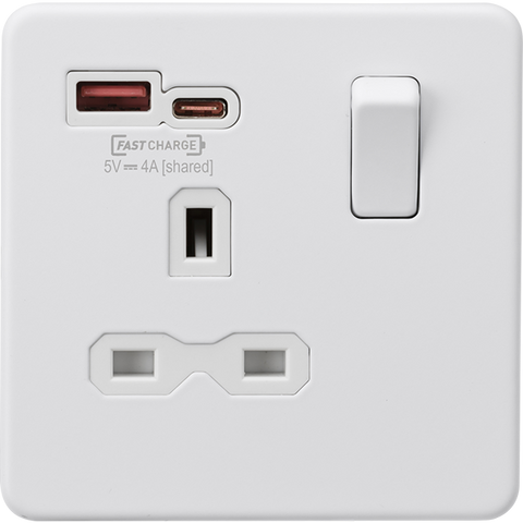 Knightsbridge Screwless 13A 1 Gang Switched Socket Dual USB A+C Matt White