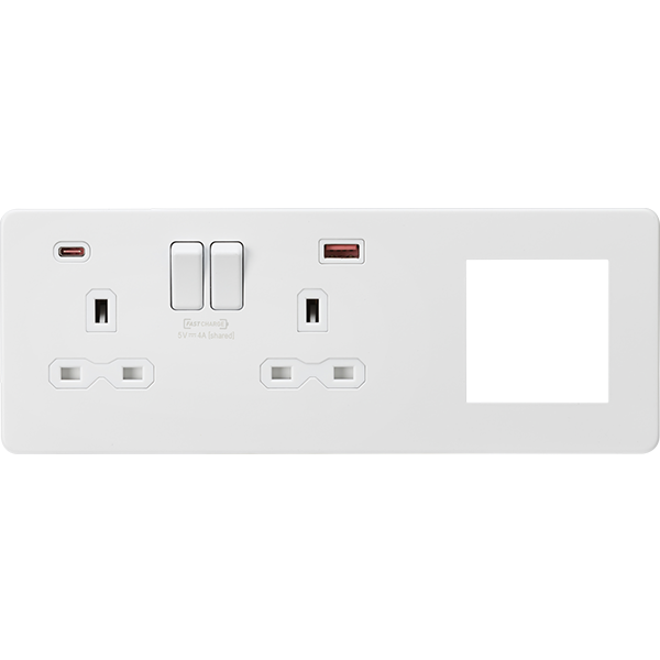 Knightsbridge Screwless 13A 2 Gang Switched Socket Matt White With USB A+C + 2 Euromodule