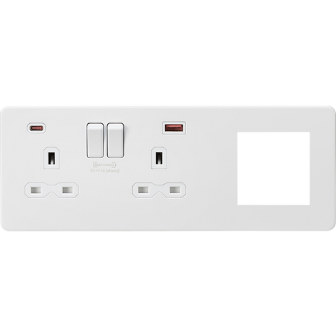 Knightsbridge Screwless 13A 2 Gang Switched Socket Matt White With USB A+C + 2 Euromodule