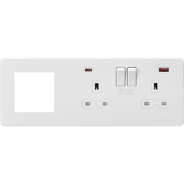 Knightsbridge Screwless 13A 2 Gang Switched Socket Matt White With USB A+C + 2 Euromodule