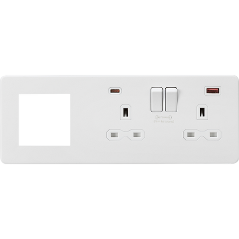 Knightsbridge Screwless 13A 2 Gang Switched Socket Matt White With USB A+C + 2 Euromodule
