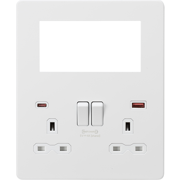 Knightsbridge Screwless 13A 2 Gang Switched Socket Matt White With USB A+C + 4 Euromodule