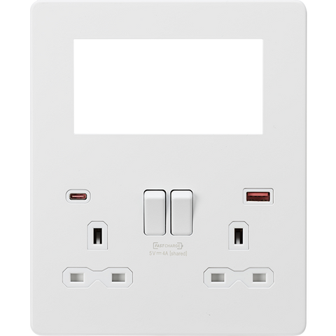Knightsbridge Screwless 13A 2 Gang Switched Socket Matt White With USB A+C + 4 Euromodule