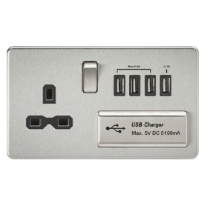 Knightsbridge Screwless 13A 1 Gang Switched Socket With Quad USB Outlet - Brushed Chrome